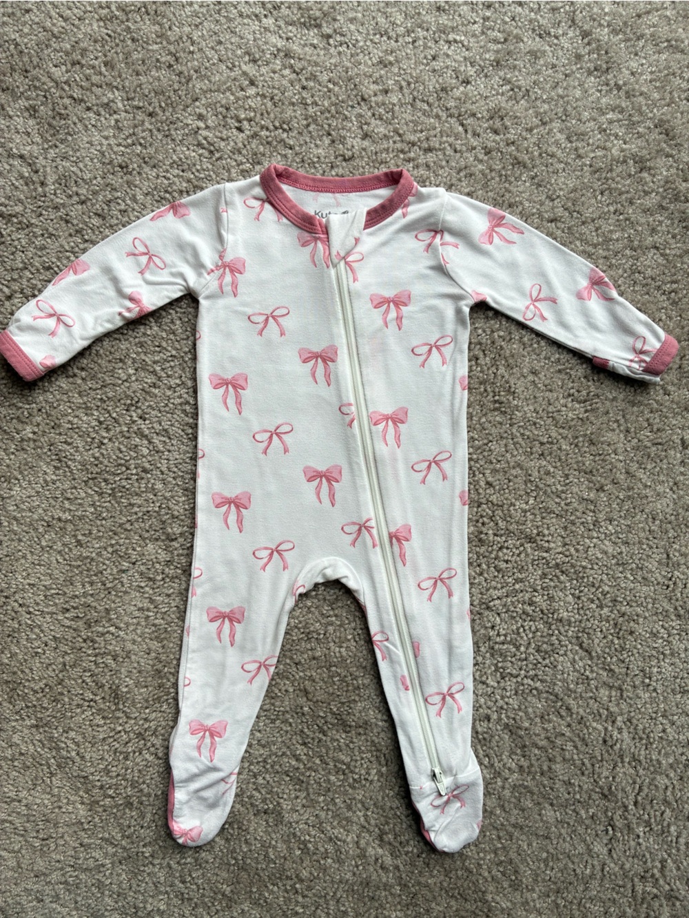 Kyte Girls Pink Bow Print One-Piece Zipper Bamboo Pajamas